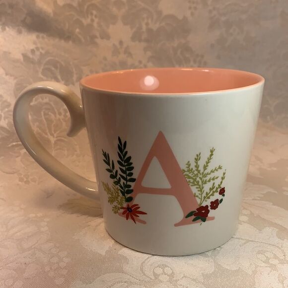 Opalhouse Stoneware Letter A Coffee Tea Cappuccino Mug Pink Lined Flowers Ferns - Picture 2 of 4